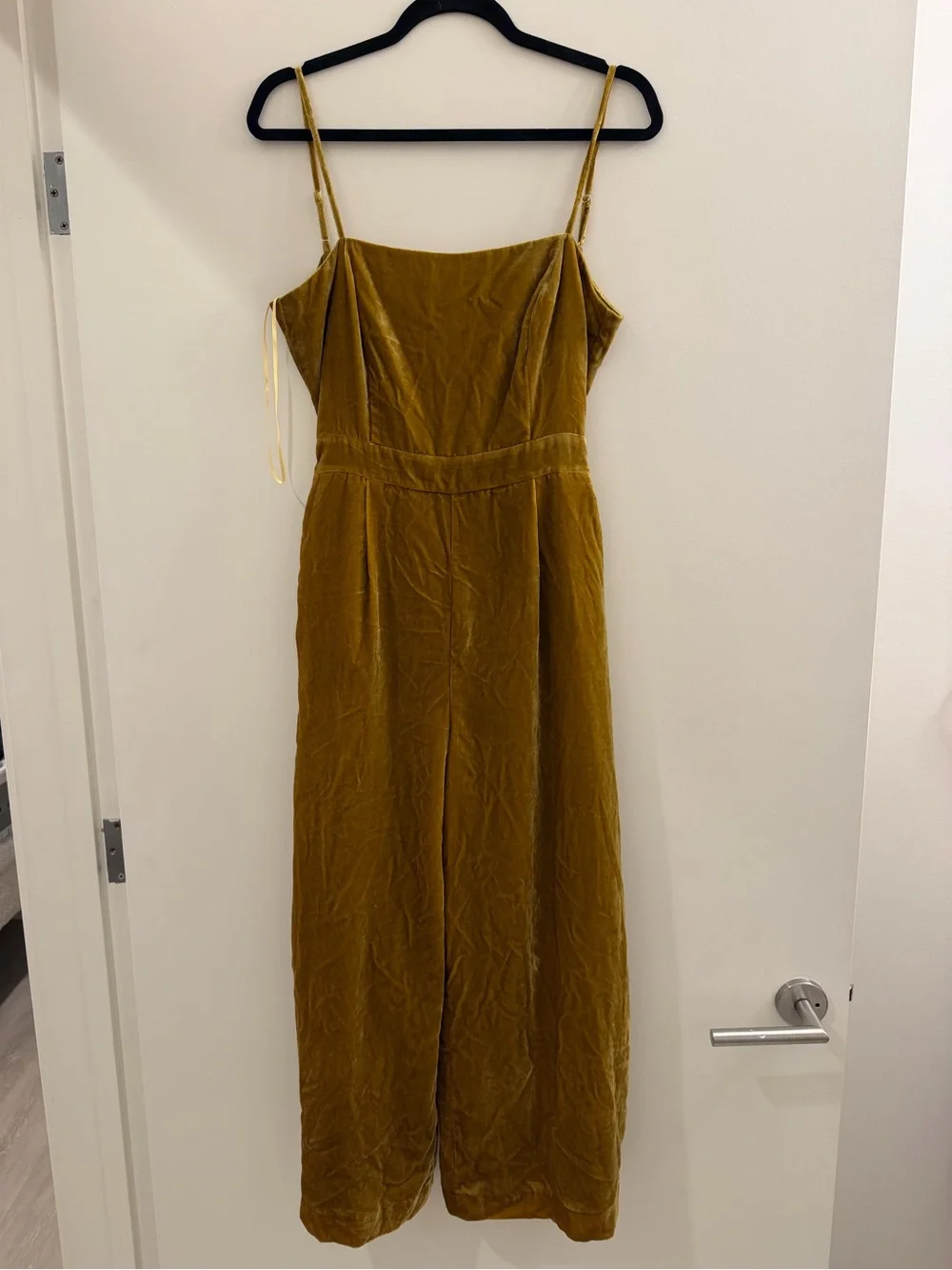 J. Crew Velvet Tie-Waist Spaghetti Strap Jumpsuit in Mustard